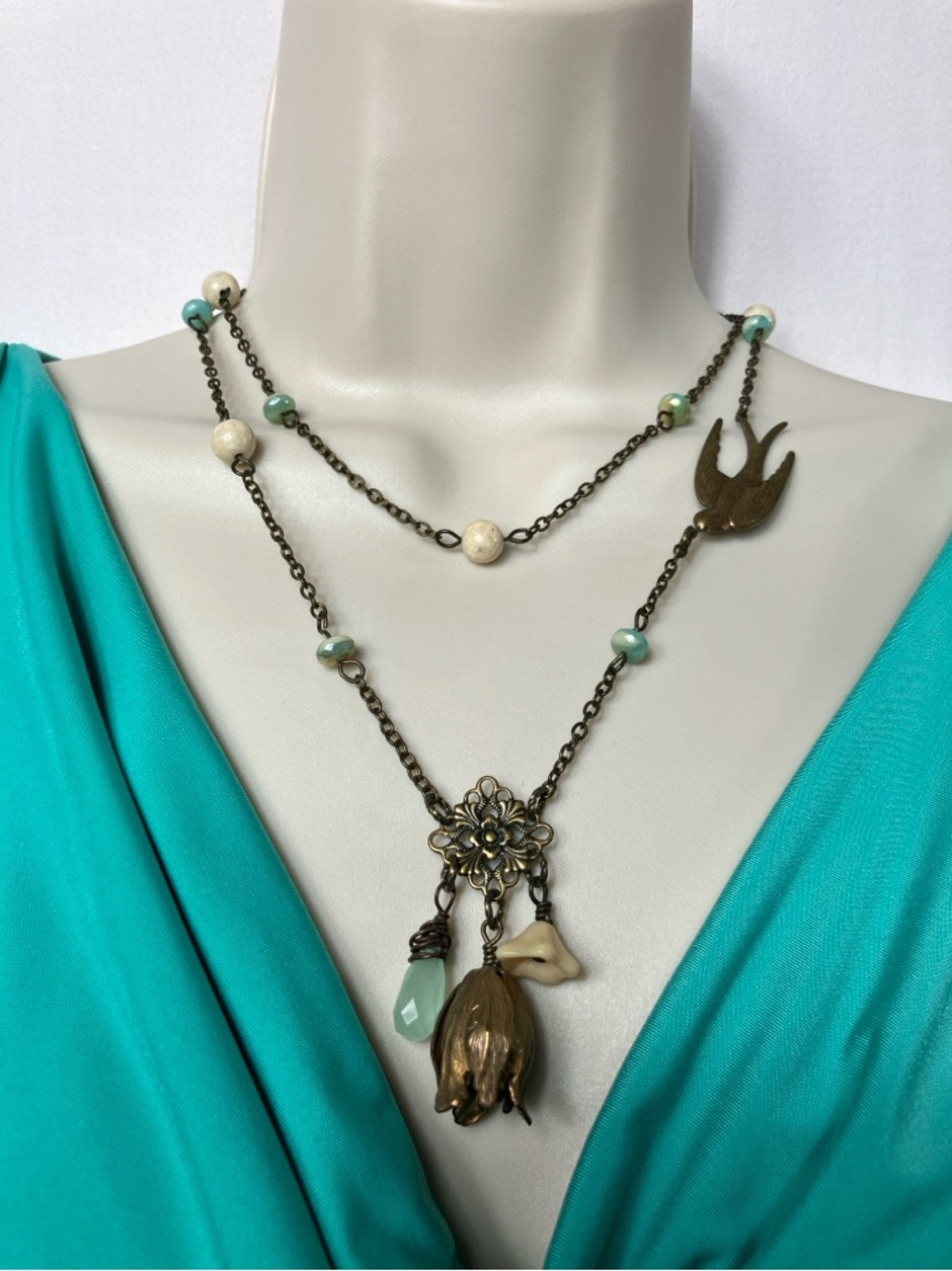 Unique Retro Floral Pendant Necklace w/Turquoise Beads and Bird detail